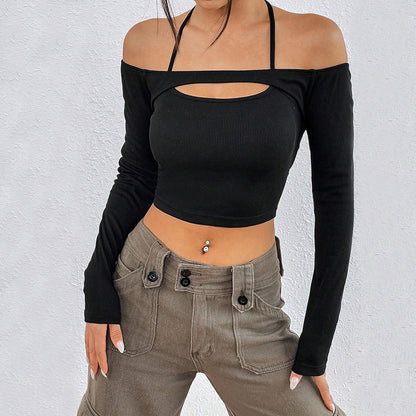 Autumn Winter Women Clothing Sexy off Shoulder Slim Fit Short Long Sleeved T shirt Hollow Out Cutout Top