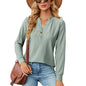 Autumn Winter Solid Color V neck Buttons Jacquard Loose Fitting Long Sleeved T shirt Top Women