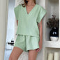 Summer Cotton V neck Three Quarter Sleeve Shorts Two Piece Set Fashionable Support Outer Wear Ladies Homewear