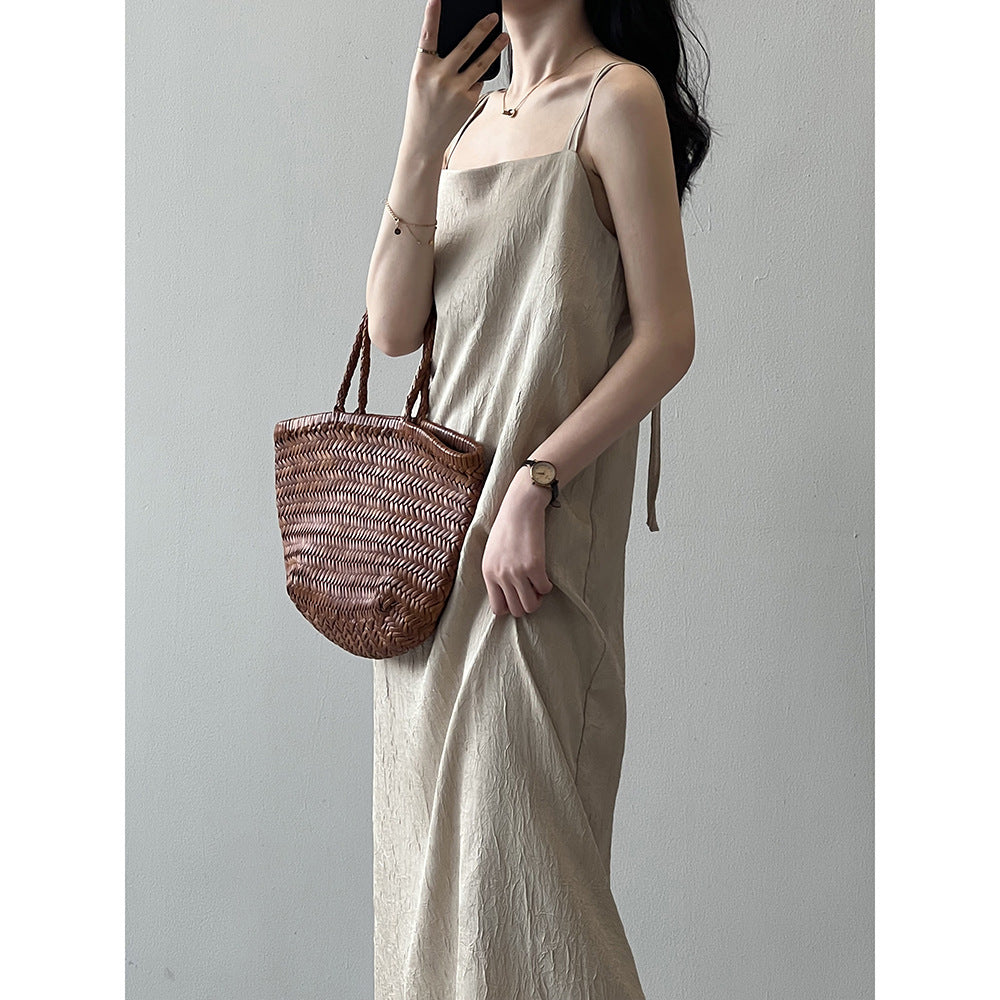 Chinese Traditional Buckle Pleated Suspender Women Summer Loose Maxi Dress