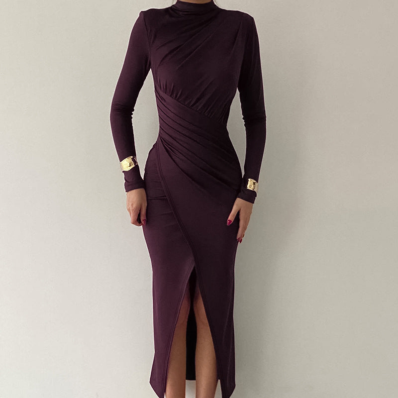 Autumn High Necked Pleated Slit Slim Fitting Long Sleeve Dress Women