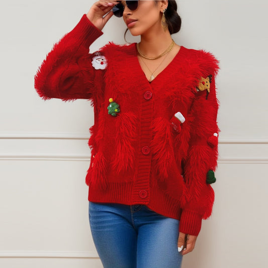 Red Year Christmas Sweater Mink Like Wool Christmas Three Dimensional Decoration Single Breasted Cardigan Coat Women