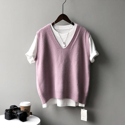 Knitted Vest Women Spring Preppy V neck Loose Idle Sleeveless Waistcoat