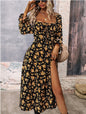 Autumn Floral Print Slit Square Collar Slimming Long Sleeve Dress