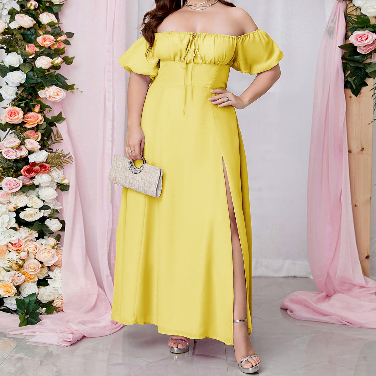 Plus Size Tube Top Off Shoulder Dress Lace Up Puff Sleeve High Slit Maxi Dress Women Clothing