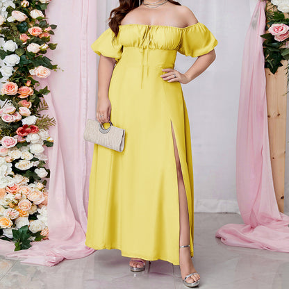 Plus Size Tube Top Off Shoulder Dress Lace Up Puff Sleeve High Slit Maxi Dress Women Clothing