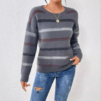 Women Sweater Pullover round Neck Long Sleeves Knitwear Striped All-Matching Loose Knitted Top