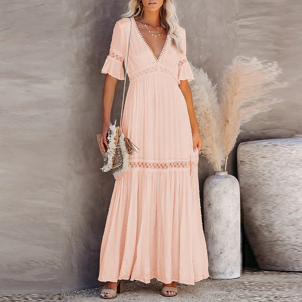 Summer Short Sleeve Dress Women Solid Color Lace V-neck Maxi Dress