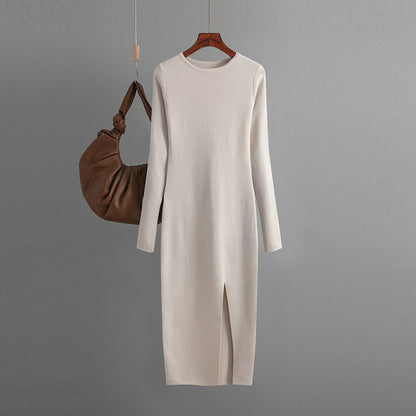 Autumn Winter Slim Fit Knitted Dress Women Inner Wear Outer Wear Mid Length Long Sleeve Tight Bottoming Hip