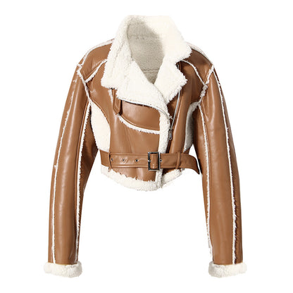 Locomotive Short Jacket Personality Coat Women Winter Handsome Leather Coat Faux Shearling Jacket Top Short Cotton Jacket