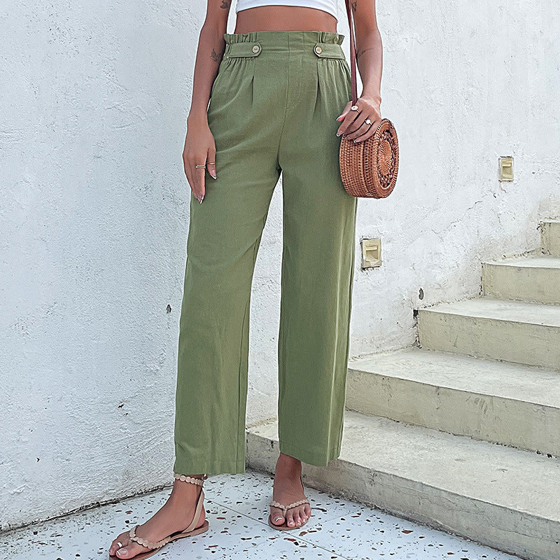 Summer Women Solid Color Cropped Straight Casual Pants