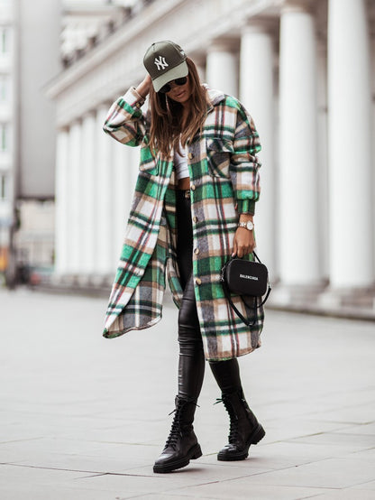 Autumn Winter Polo Collar Single-Breasted Long Sleeve Plaid Shacket Coat