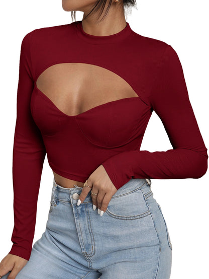 Autumn Winter Sexy Slim Hollow Out Cutout Chest Cup Type High Collar Short Section Long Sleeve Women T-shirt Tops Women