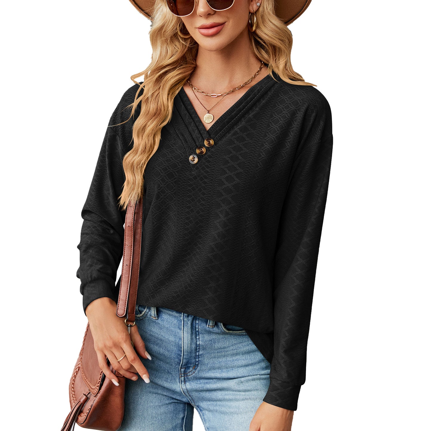 Autumn Winter Solid Color V-neck Button Loose Long-Sleeved T-shirt Top Women Clothing