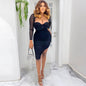 Autumn Sexy V neck Stitching Mesh Long Sleeve Narrow Solid Color Elegant Dress Women Dress