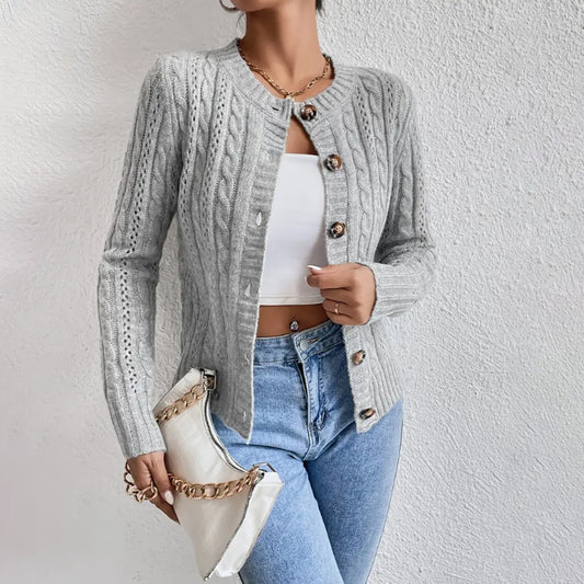 Autumn Sweater Women Cardigan Round Neck Idle Twist Long Sleeve Coat Sweater