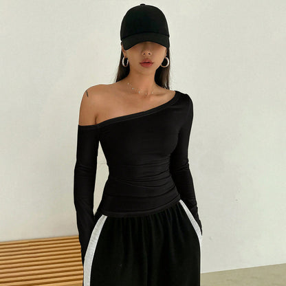 Trend Sexy off Shoulder T shirt Autumn Winter Diagonal Collar pirational Design Long Sleeve Top Women Clothing