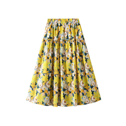 Vacation Printed Slimming Skirt Women Age Reducing Elastic Waist Wide Hem Long Skirt