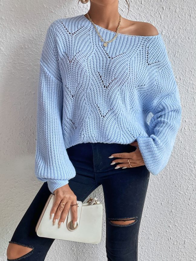 Women Popular off the Shoulder Sweater round Neck Hollowed Casual Sweater Sweater