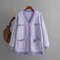 Sweater Women Loose V neck Houndstooth Long Sleeve Knitted Cardigan Coat Contrast Color