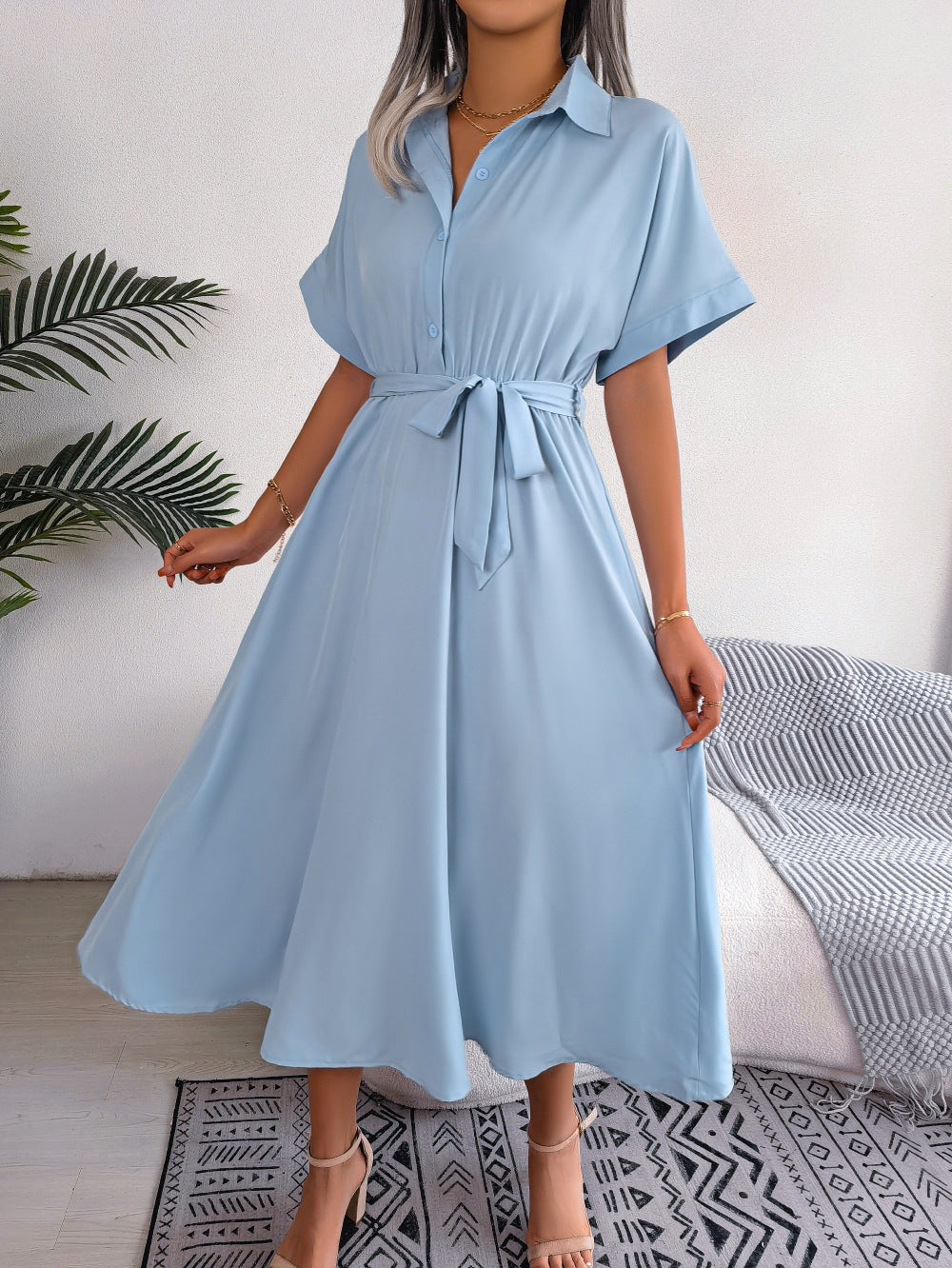 Summer Casual Loose Solid Color Tied Shirt Dress Maxi Dress Women Clothing