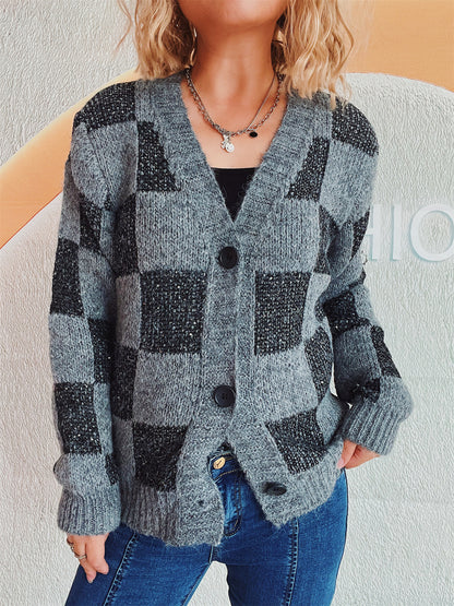 Autumn Winter Loose Single Breasted Knitted Cardigan Top Women Plaid Bow Brocade Sweater Coat Women