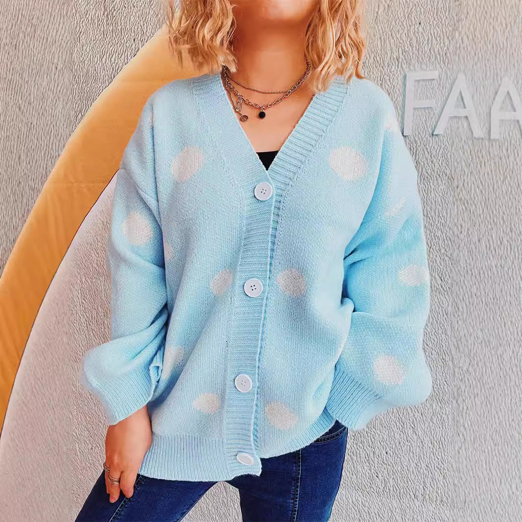 Autumn Winter Big Dot Jacquard Knitted Cardigan V Neck Single Breasted Sweater Coat Women