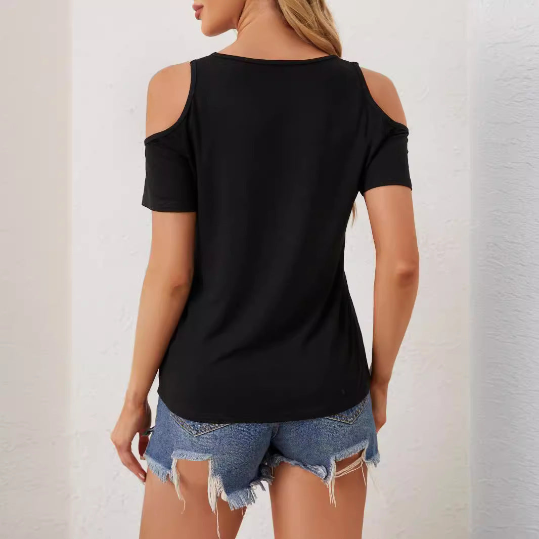 Elegant Lace V neck Applique Sleeve Hollow Out Cutout out Short Sleeve Loose Solid Color T shirt Slimming Top