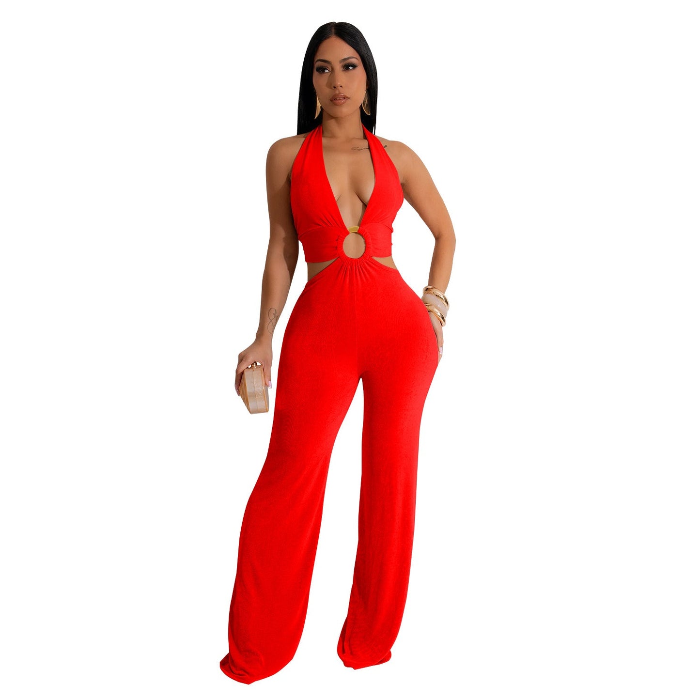 Women Wear Solid Color V neck Smart Trousers Jumpsuit