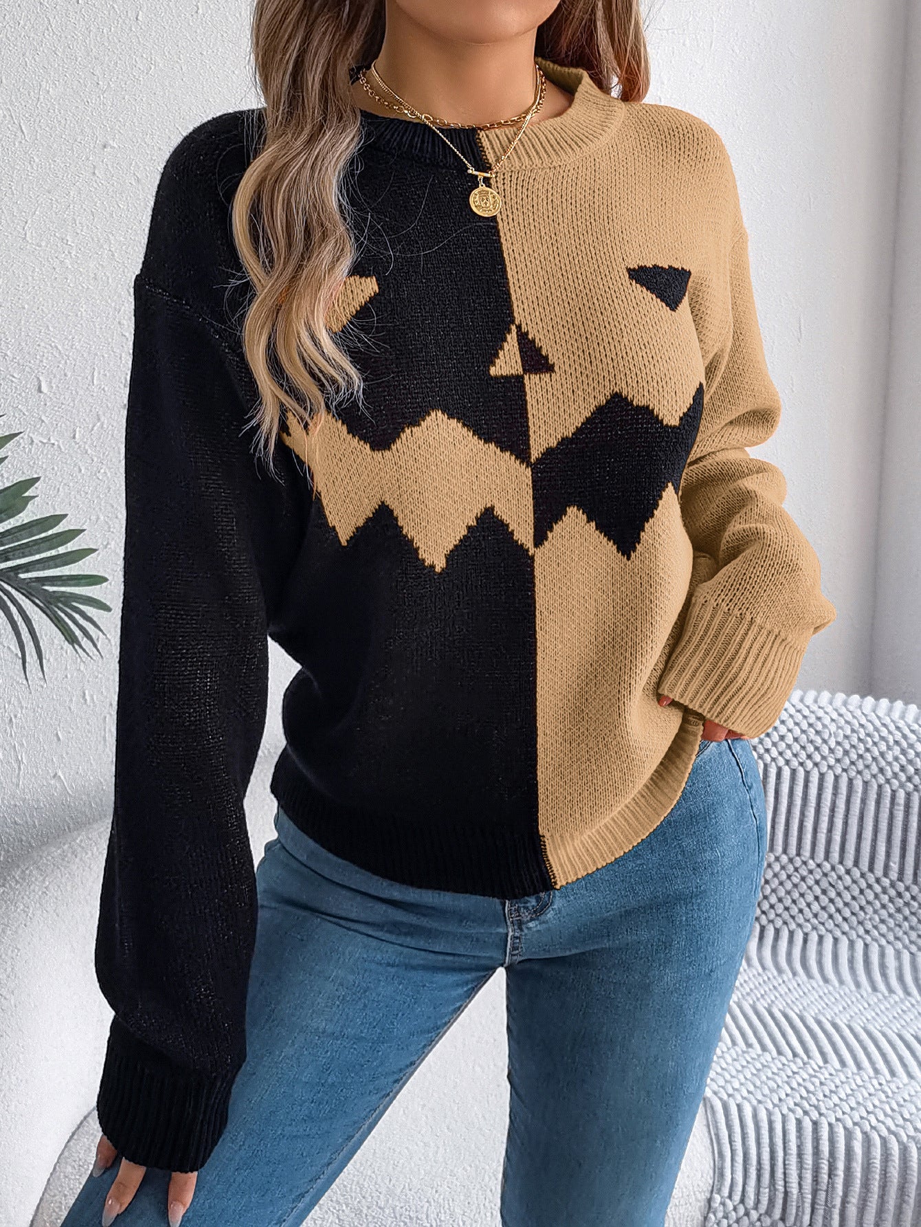 Autumn Winter Halloween Ghost Pumpkin Contrast Color Knitted Long Sleeve Pullover Women