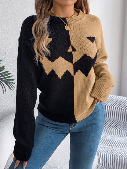 Autumn Winter Halloween Ghost Pumpkin Contrast Color Knitted Long Sleeve Pullover Women