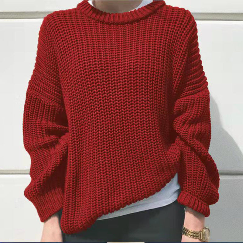 Autumn Winter Casual Simple Thick Needle Long Sleeve Round Neck Loose Knitted Pullover Sweater Women