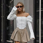 Fall French Imitation Acetate Satin White Square Cut Collar Top Short Temperamental Puff Sleeve Shirt Women Clothing