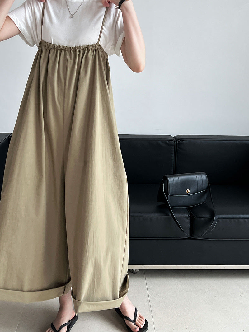 Flat Strap Women Summer Casual Loose All Matching Straight Flanging Wide Leg Suspender Pants