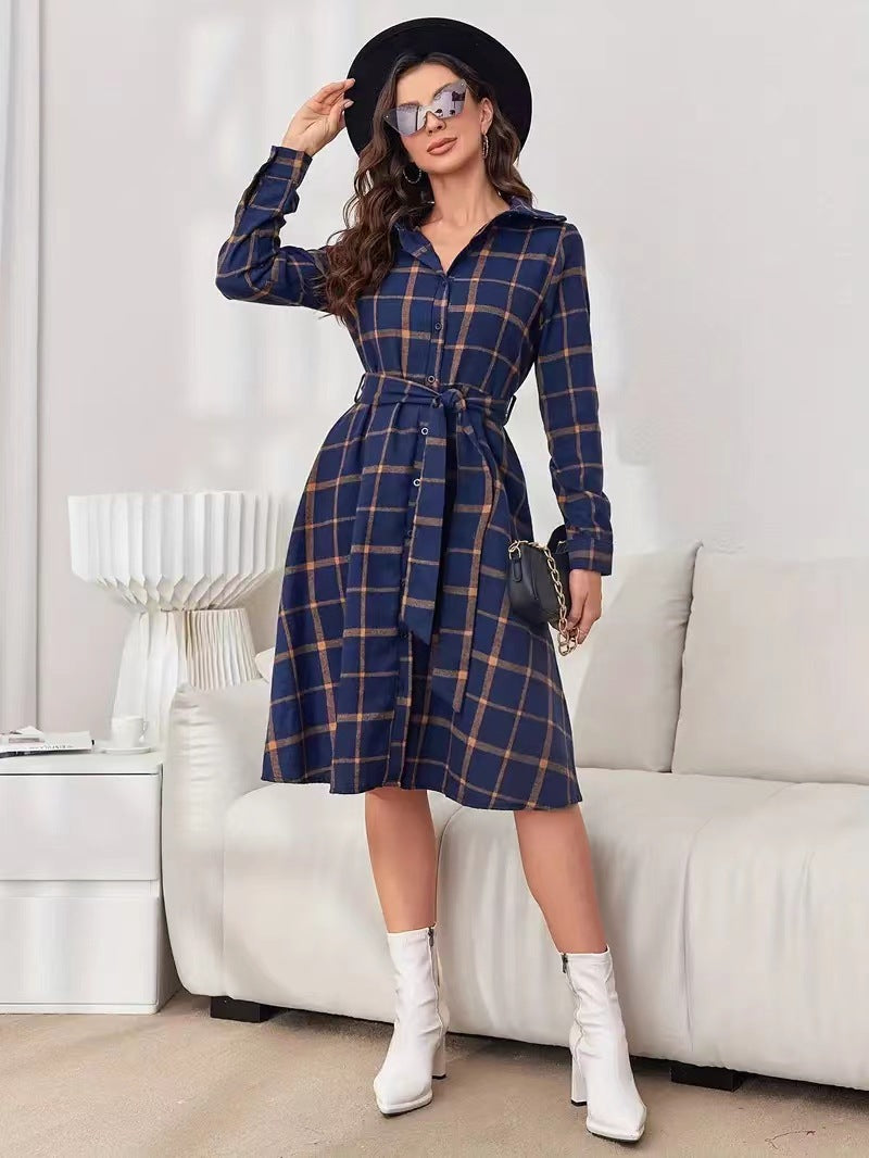 Women Clothing Plaid Collared Long Sleeve Tied Maxi Dress Cardigan Long Shirt Dress