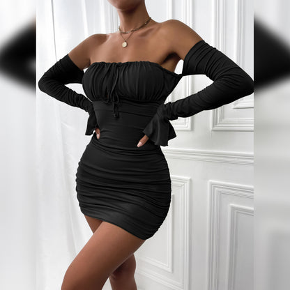 Women Clothing Spring Autumn Sexy Chest Wrapped Dress Chest Lace up Pleated Bell Sleeve Hip