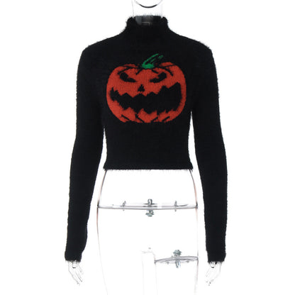 Women Clothing Autumn Winter Sexy Halloween Pumpkin Head Short High Quality Sweater