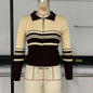 Autumn Winter Knitted Top Vintage Stripe Stitching Collared Long Sleeve Zipper Cardigan