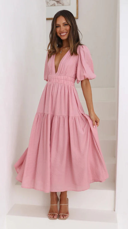 Casual Trends Summer V neck Tight Waist Mid Length Dress