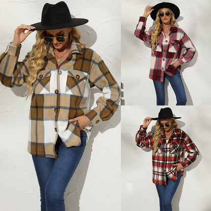 Autumn Winter Women Clothing Collared Plaid Color Matching Single Breasted Woolen Casual Coat for Women