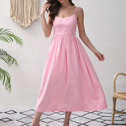 Summer Rose Pink Sweet Square Collar Cami Dress Long Slim Fit Backless Dress Women