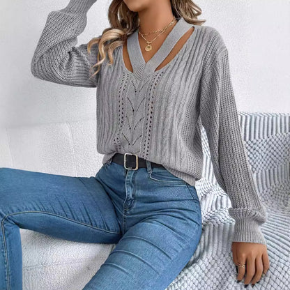 Autumn Winter Casual Hollow Out Cutout Out V Neck Twist Lantern Sleeve Pullover Sweater Women Clothing