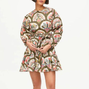 Round Neck Casual Shirt Sleeve Waist Tight Thin Looking Cool Plant Floral Print Floral Dress