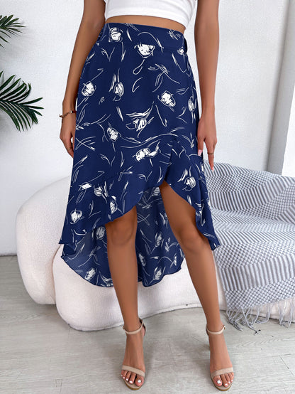 Spring Summer Casual Floral Asymmetric Ruffled Mid Length Skirt Women Clothing