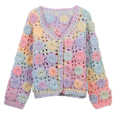 Spring Summer Knitted Cardigan Rainbow Gradient Color Crocheted Hollow Out Cutout Design Sweet V neck Long Sleeve Top Women