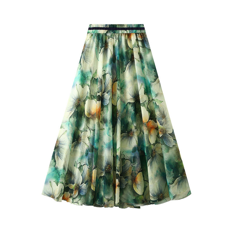 Summer Korean Floral Print Skirt Large Swing A line Wild High Waist Long Skirt for Women