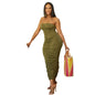 Women Clothing Sexy Bandeau Pleated Solid Color Dress Midi Dress