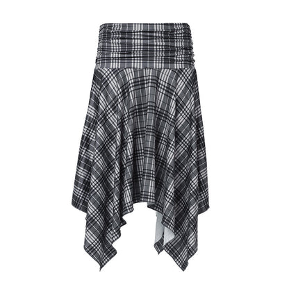 Girls College Retro Plaid Irregular Asymmetric Skirt Cute Youth Looking Low Waist Slimming Casual Midi Skirt No Belt