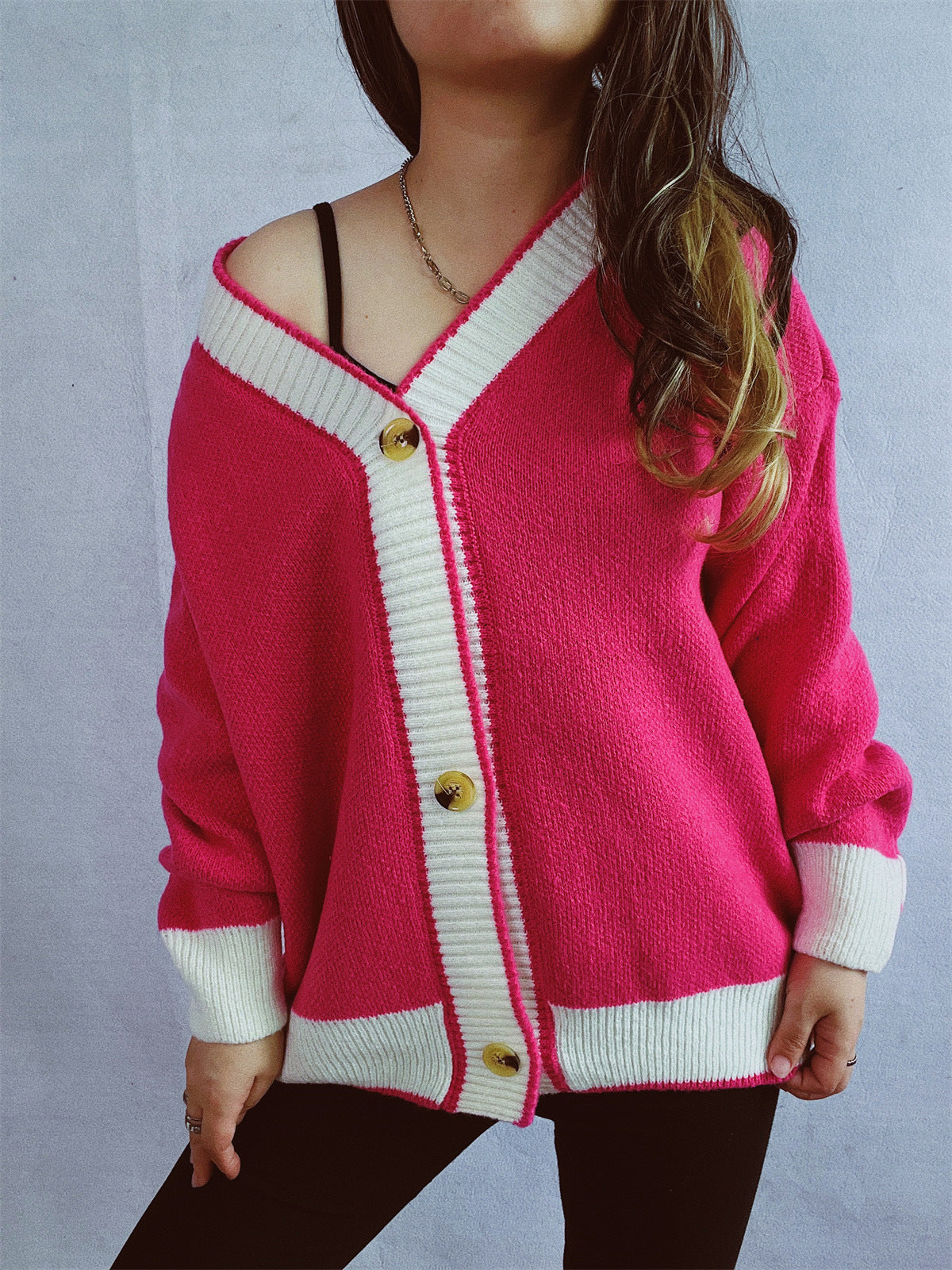 Autumn Winter Contrast Color Cardigan Sweater Street Loose Knitted Sweater