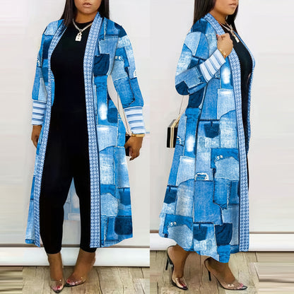 Casual Women Wear Imitation Denim Printed Long Trench Coat Cardigan Coat